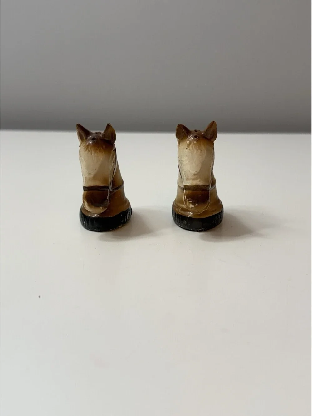 1950’s Ceramic Horse Head Salt & Pepper Shakers Tawny Brown w/Dark Brown Bridle